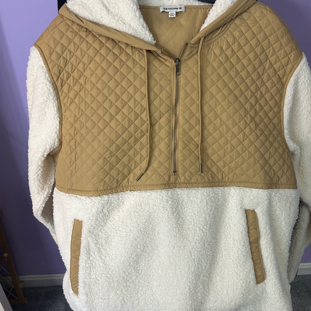 BearPaw Quilted Hooded Sherpa Pullover - Tan and Cream